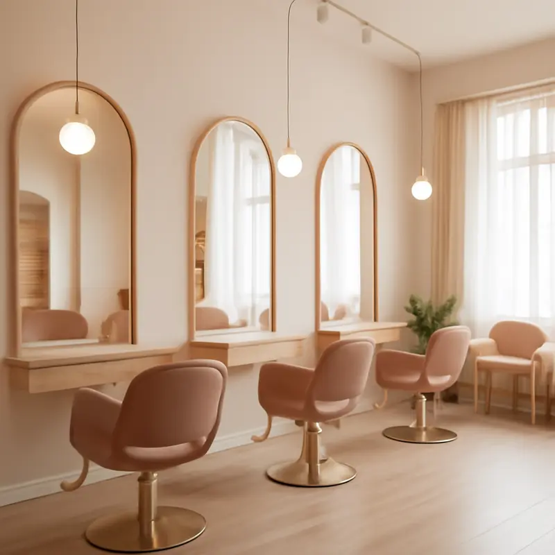 Warm modern hair salon interior with styling chairs at Glow Hair Studio